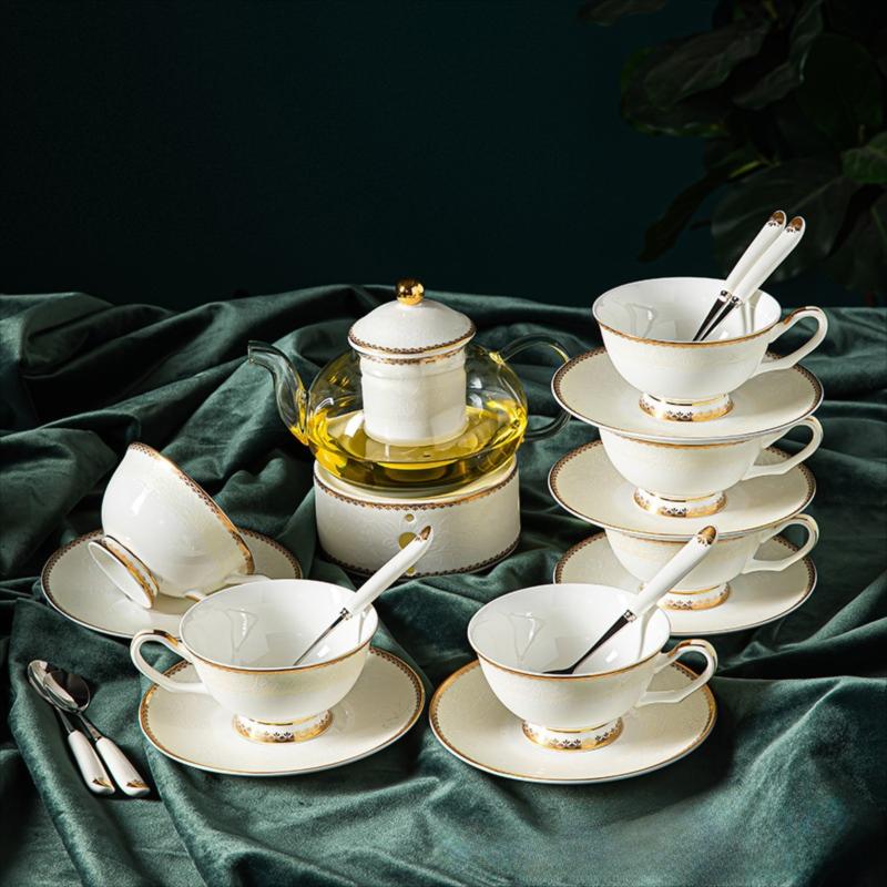 CUPURA Riva - CCS24 Luxury Bone China Tea Cup Set with Saucer Spoon and Strainer Floral Design Light Luxury European Style Gift Box Set Bohemian Powder Blue Classical Blue Rose Angel