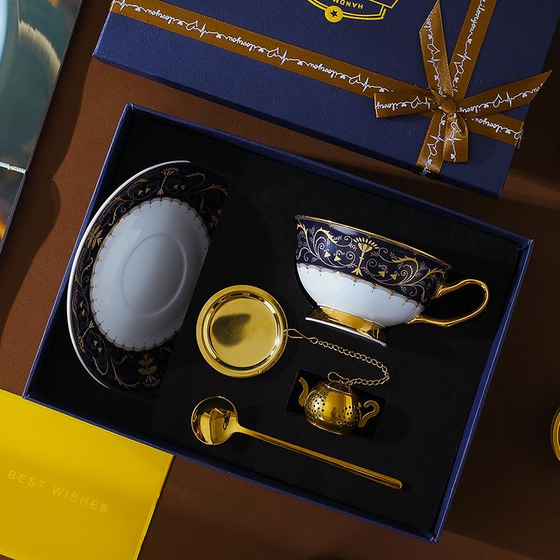 CUPURA Hano - CCS38 Luxury Bone China Tea Cup Set with Saucer Spoon and Strainer Floral Design Light Luxury European Style Gift Box Set Bohemian Powder Blue Classical Blue Rose Angel