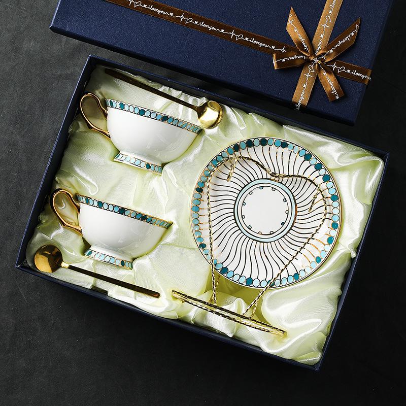 CUPURA Niro - CCS20 Luxury Bone China Tea Cup Set with Saucer Spoon and Strainer Floral Design Light Luxury European Style Gift Box Set Bohemian Powder Blue Classical Blue Rose Angel