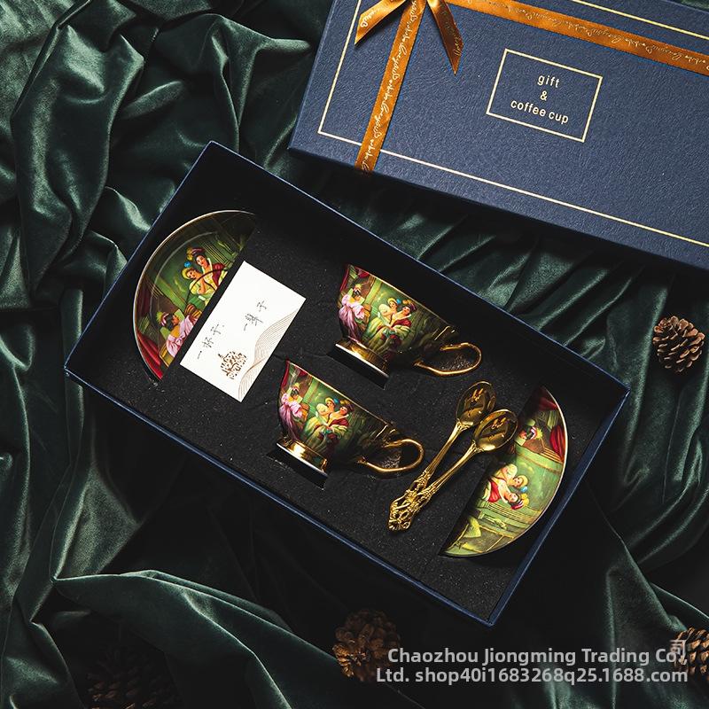 CUPURA Ciro - CCS33 Luxury Bone China Tea Cup Set with Saucer Spoon and Strainer Floral Design Light Luxury European Style Gift Box Set Bohemian Powder Blue Classical Blue Rose Angel