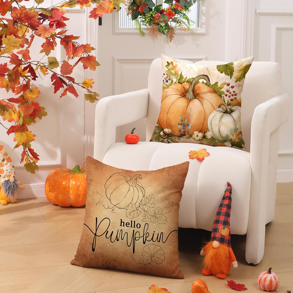 Looma Autumn - Pumpkin & Maple Leaf Pillow Cover | Thanksgiving Farmhouse Decorative Cushion - Sofa & Living Room Looma