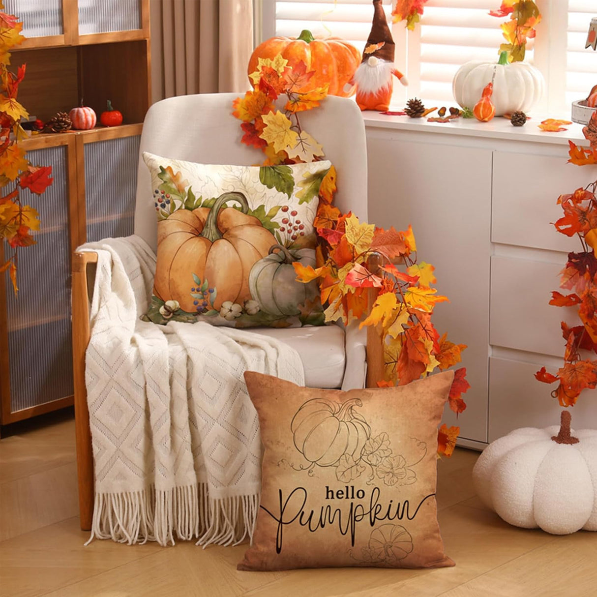 Looma Autumn - Pumpkin & Maple Leaf Pillow Cover | Thanksgiving Farmhouse Decorative Cushion - Sofa & Living Room Looma