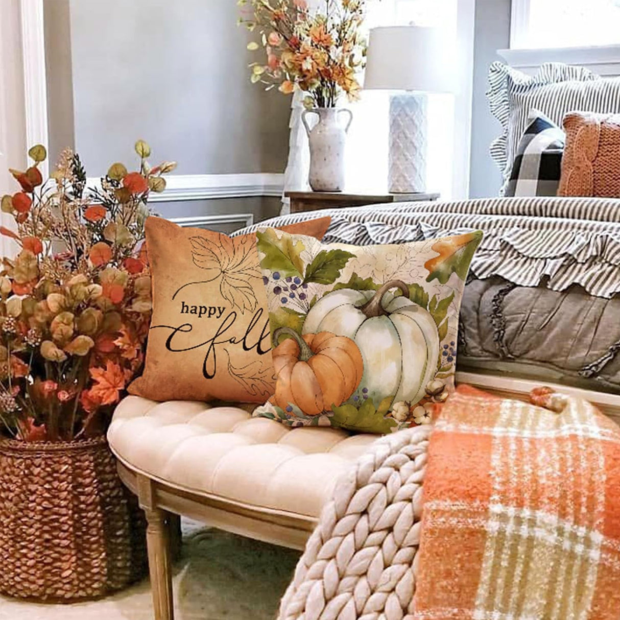 Looma Autumn - Pumpkin & Maple Leaf Pillow Cover | Thanksgiving Farmhouse Decorative Cushion - Sofa & Living Room Looma