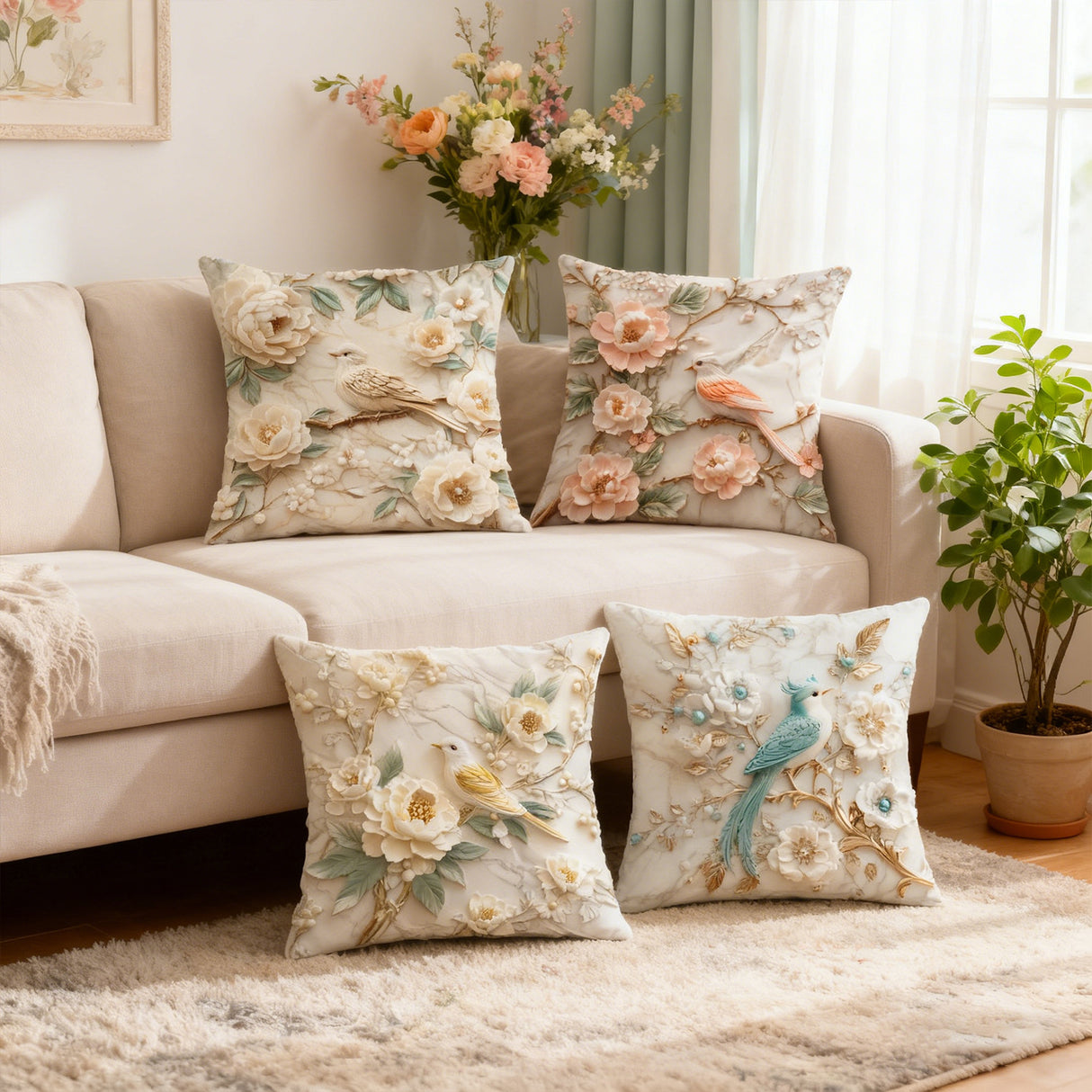 Looma Floral - Bird Linen Pillow Cover | Spring Farmhouse Decorative Cushion - Sofa, Bed & Living Room Looma
