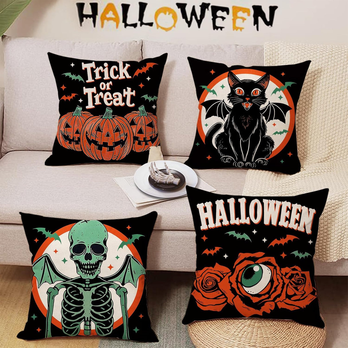 Looma Spooka - Halloween Skull, Pumpkin & Cat Pillow Cover | Spooky Decorative Cushion - Sofa & Living Room Looma