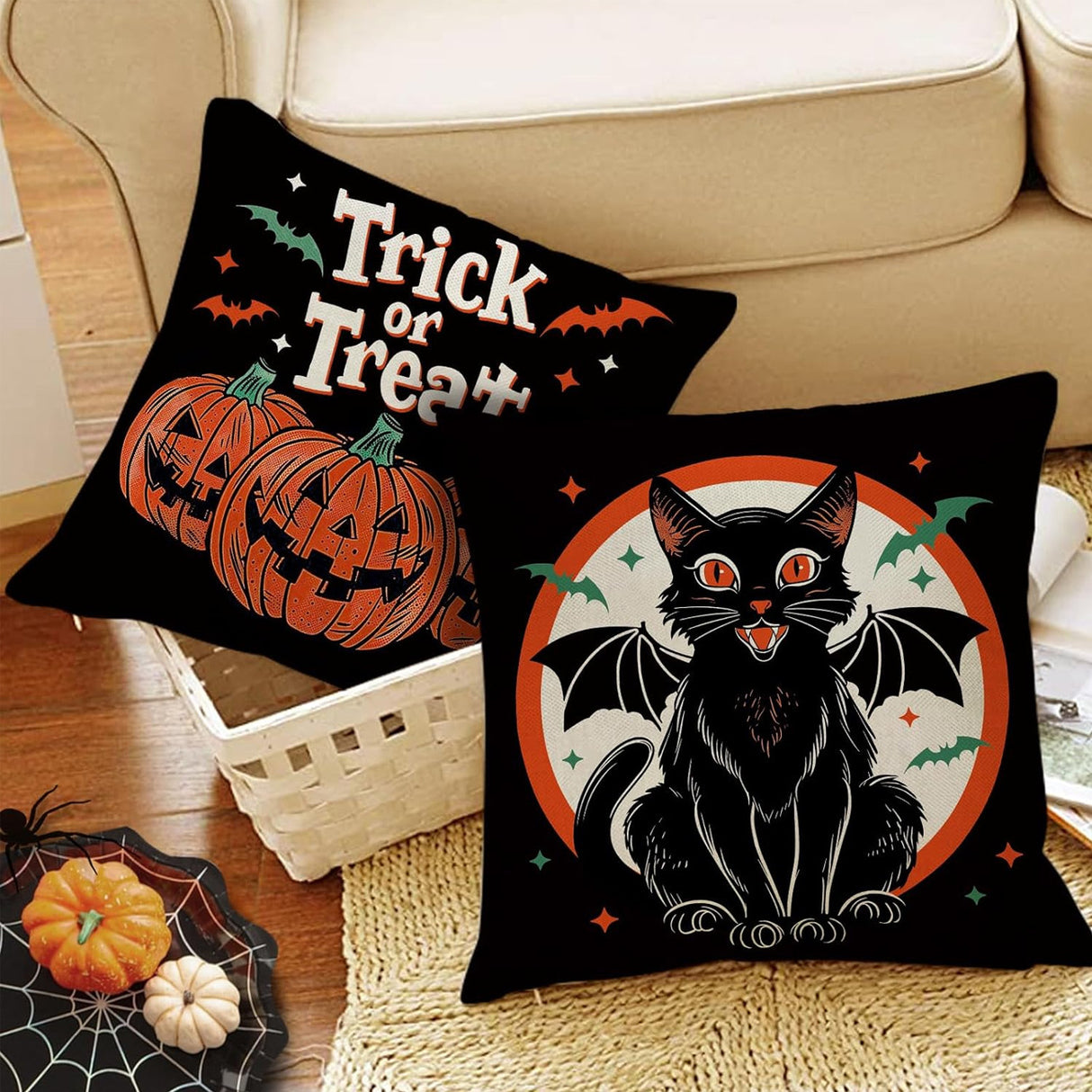 Looma Spooka - Halloween Skull, Pumpkin & Cat Pillow Cover | Spooky Decorative Cushion - Sofa & Living Room Looma