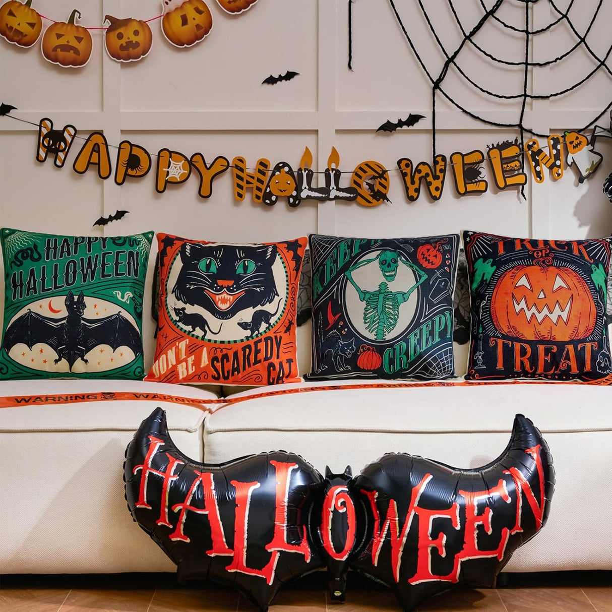 Looma Spooka - Halloween Skull, Pumpkin & Cat Pillow Cover | Spooky Decorative Cushion - Sofa & Living Room Looma