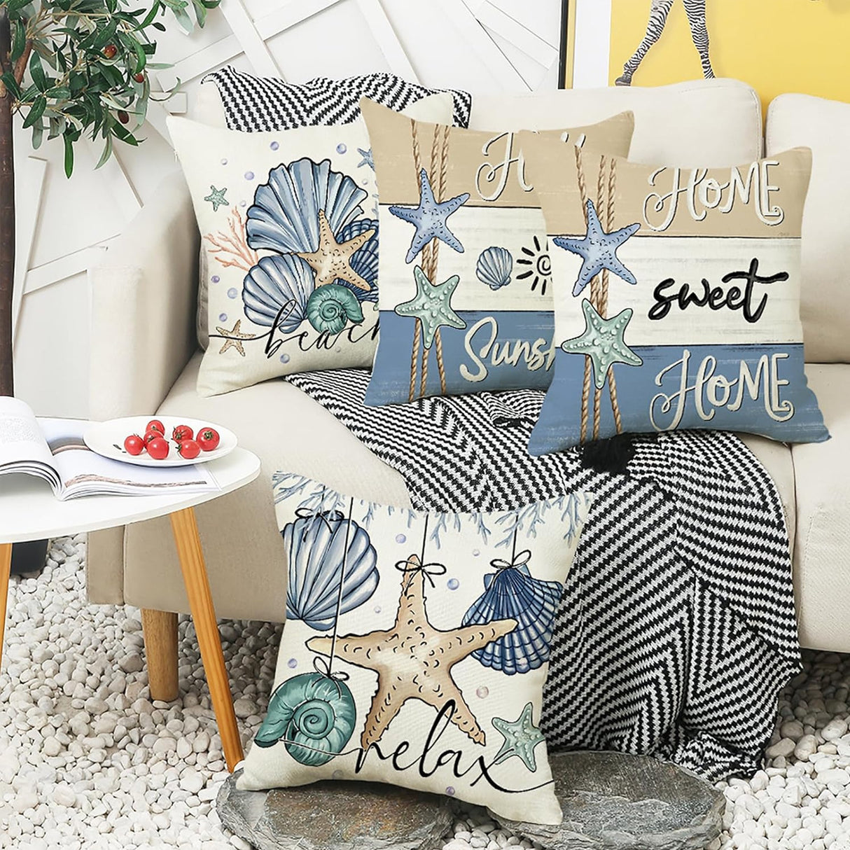 Looma- Reg - Ocean Scallop Linen Throw Pillow Cover – Coastal Single-Sided Printed Cushion for Sofa, Car & Living Room Décor Looma