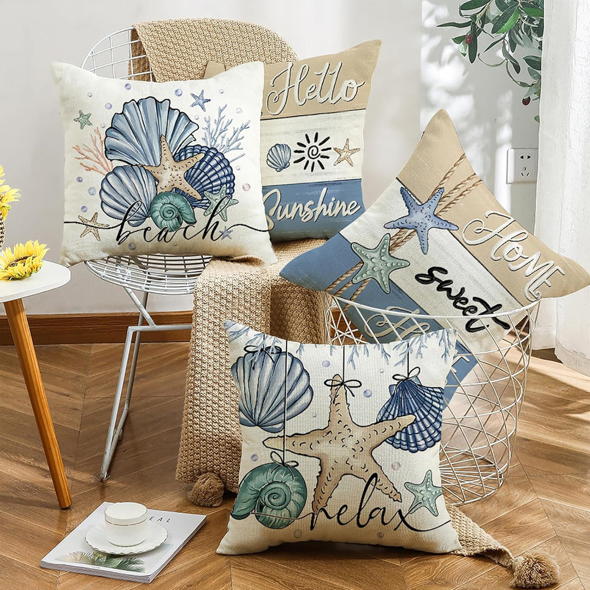 Looma- Reg - Ocean Scallop Linen Throw Pillow Cover – Coastal Single-Sided Printed Cushion for Sofa, Car & Living Room Décor Looma