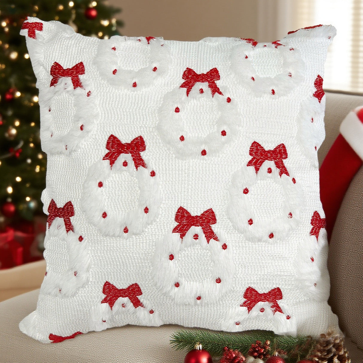 Looma Retro - Christmas Plush Pillow Cover – Embroidered Garland & Bow Cushion Case - Sofa & Holiday Home Decor Looma