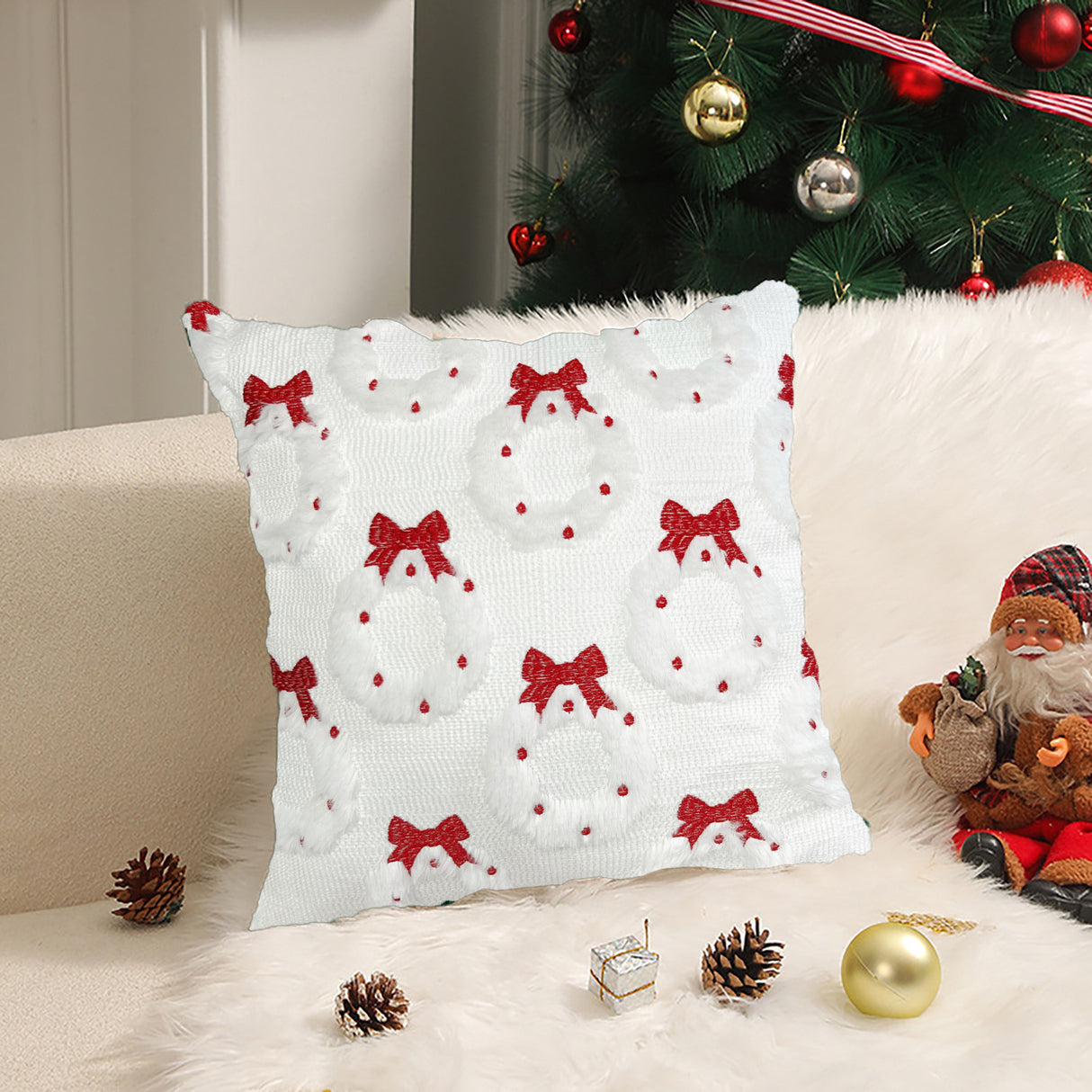 Looma Retro - Christmas Plush Pillow Cover – Embroidered Garland & Bow Cushion Case - Sofa & Holiday Home Decor Looma