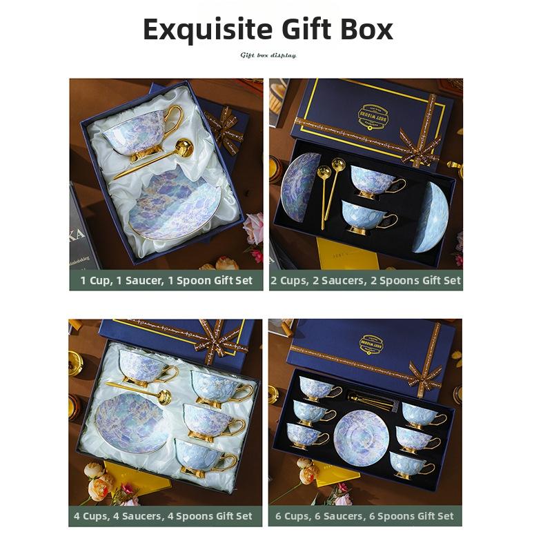 CUPURA Vero - CCS03 Luxury Bone China Tea Cup Set with Saucer Spoon and Strainer Floral Design Light Luxury European Style Gift Box Set Bohemian Powder Blue Classical Blue Rose Angel CUPURA