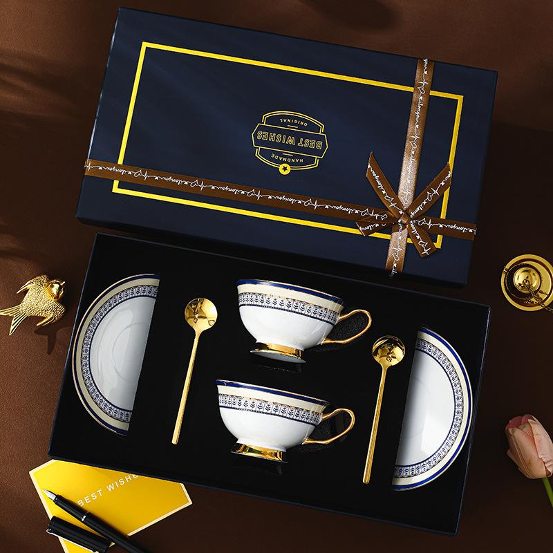 CUPURA Aro - CCS31 Luxury Bone China Tea Cup Set with Saucer Spoon and Strainer Floral Design Light Luxury European Style Gift Box Set Bohemian Powder Blue Classical Blue Rose Angel