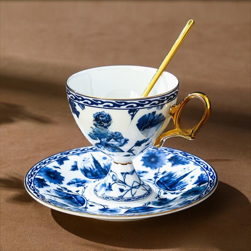 CUPURA Nelo - CCS294 Luxury Bone China Tea Cup Set with Saucer Spoon and Strainer Floral Design Light Luxury European Style Gift Box Set Bohemian Powder Blue Classical Blue Rose Angel
