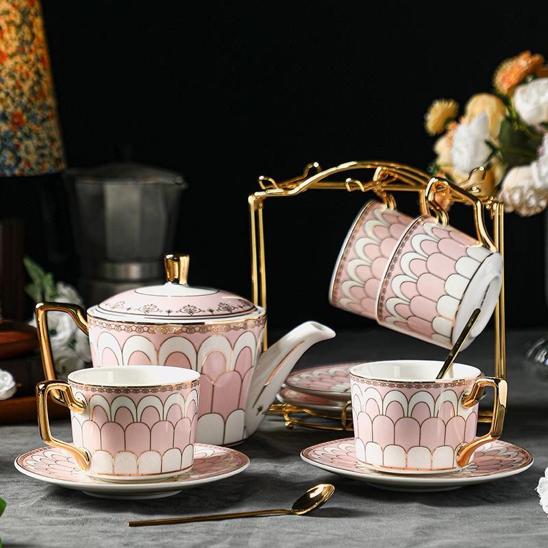 CUPURA Garo - CCS37 Luxury Bone China Tea Cup Set with Saucer Spoon and Strainer Floral Design Light Luxury European Style Gift Box Set Bohemian Powder Blue Classical Blue Rose Angel