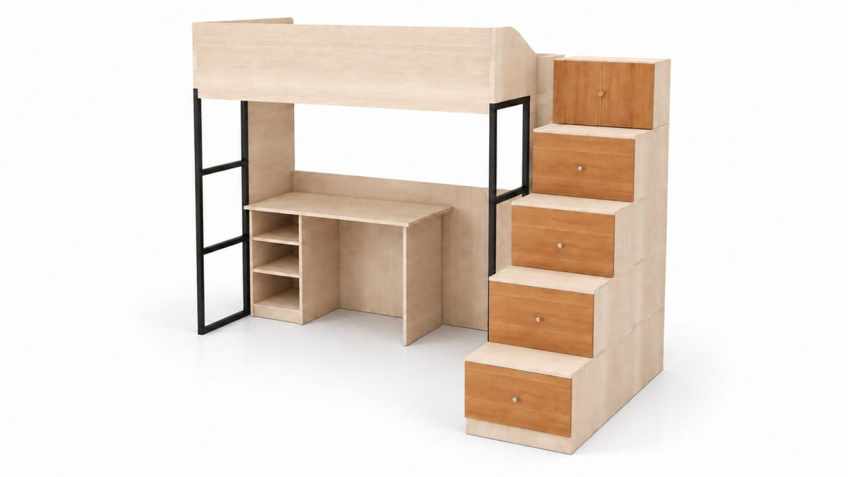 Cleo Loft Bed with Study Table and Drawer Staircase
