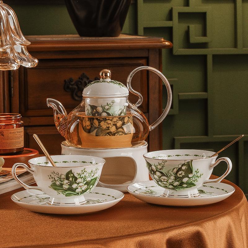 CUPURA Zaro - CCS27 Luxury Bone China Tea Cup Set with Saucer Spoon and Strainer Floral Design Light Luxury European Style Gift Box Set Bohemian Powder Blue Classical Blue Rose Angel