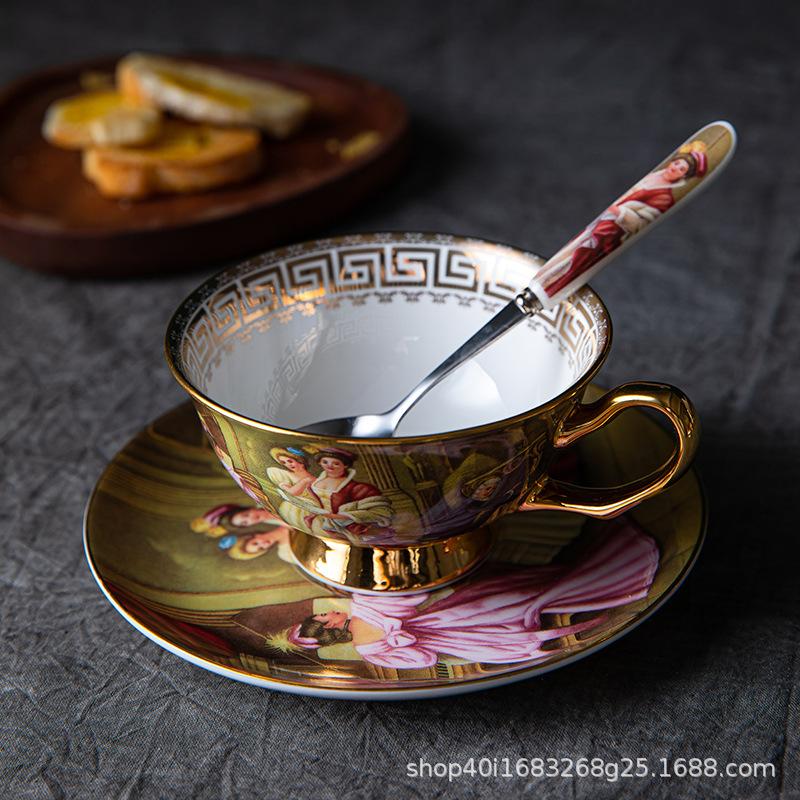 CUPURA Ciro - CCS33 Luxury Bone China Tea Cup Set with Saucer Spoon and Strainer Floral Design Light Luxury European Style Gift Box Set Bohemian Powder Blue Classical Blue Rose Angel