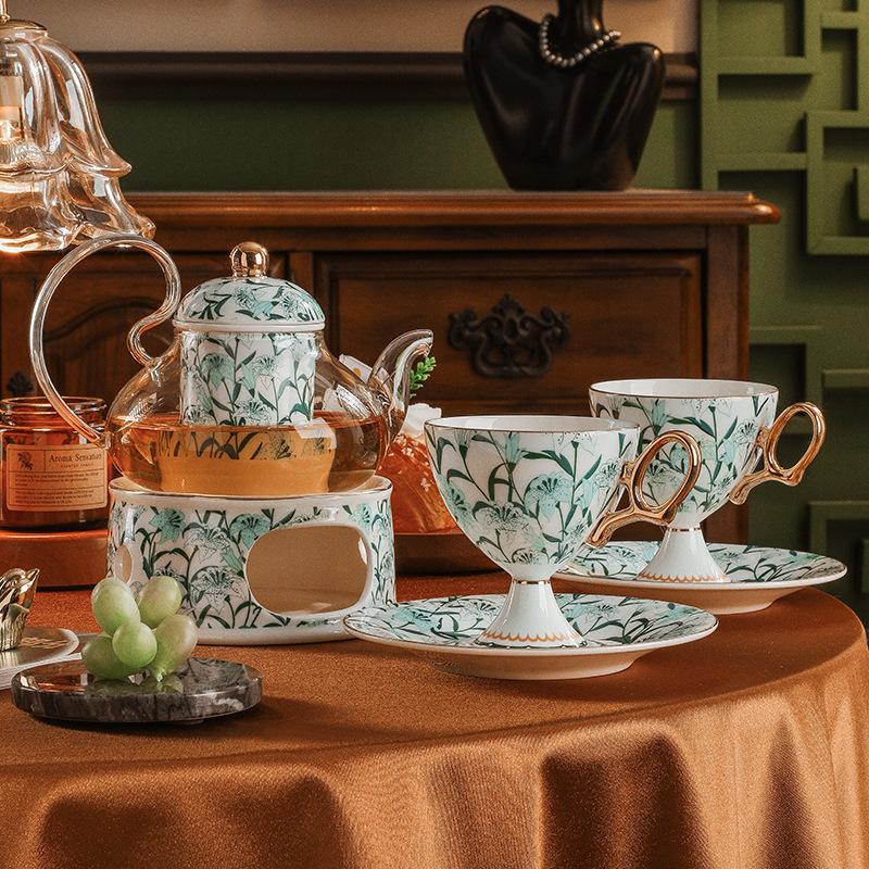 CUPURA Dune - CCS34 Luxury Bone China Tea Cup Set with Saucer Spoon and Strainer Floral Design Light Luxury European Style Gift Box Set Bohemian Powder Blue Classical Blue Rose Angel