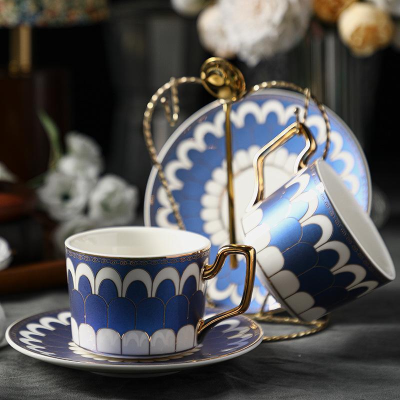CUPURA Garo - CCS37 Luxury Bone China Tea Cup Set with Saucer Spoon and Strainer Floral Design Light Luxury European Style Gift Box Set Bohemian Powder Blue Classical Blue Rose Angel