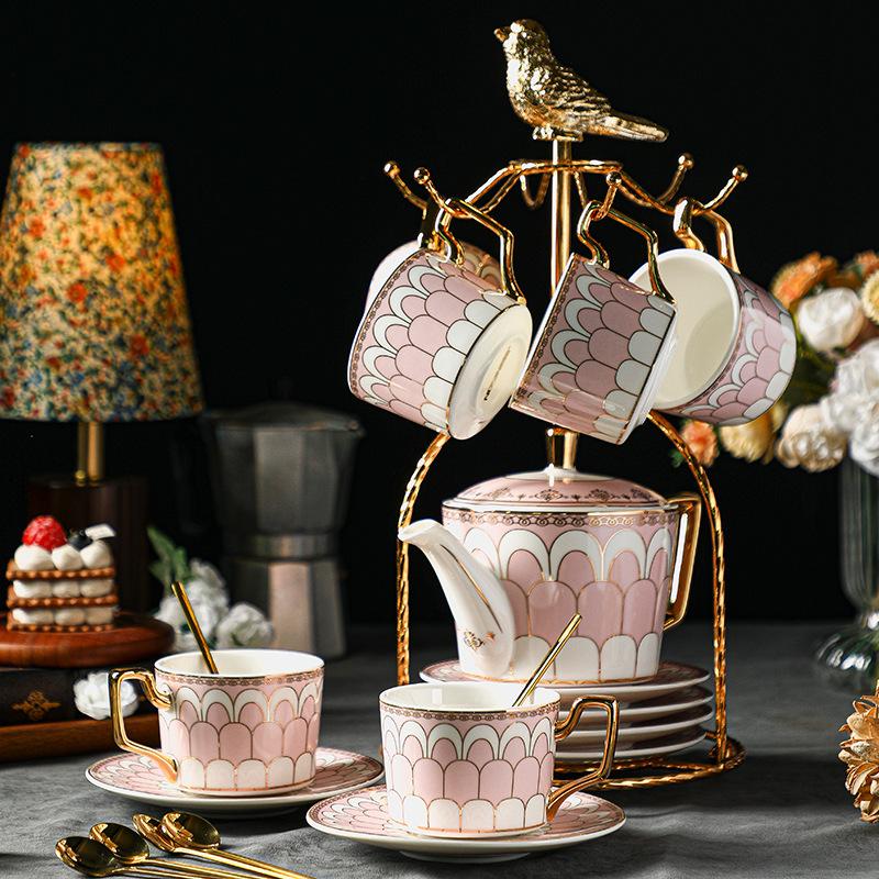 CUPURA Garo - CCS37 Luxury Bone China Tea Cup Set with Saucer Spoon and Strainer Floral Design Light Luxury European Style Gift Box Set Bohemian Powder Blue Classical Blue Rose Angel