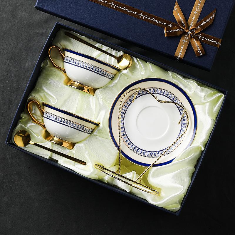 CUPURA Eno - CCS35 Luxury Bone China Tea Cup Set with Saucer Spoon and Strainer Floral Design Light Luxury European Style Gift Box Set Bohemian Powder Blue Classical Blue Rose Angel