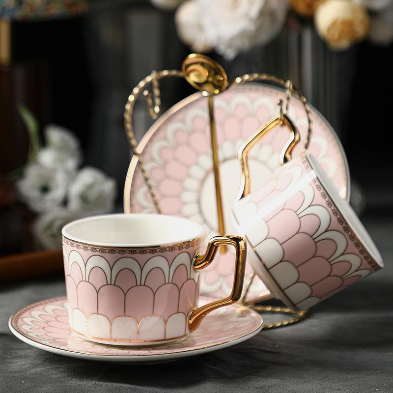 CUPURA Garo - CCS37 Luxury Bone China Tea Cup Set with Saucer Spoon and Strainer Floral Design Light Luxury European Style Gift Box Set Bohemian Powder Blue Classical Blue Rose Angel