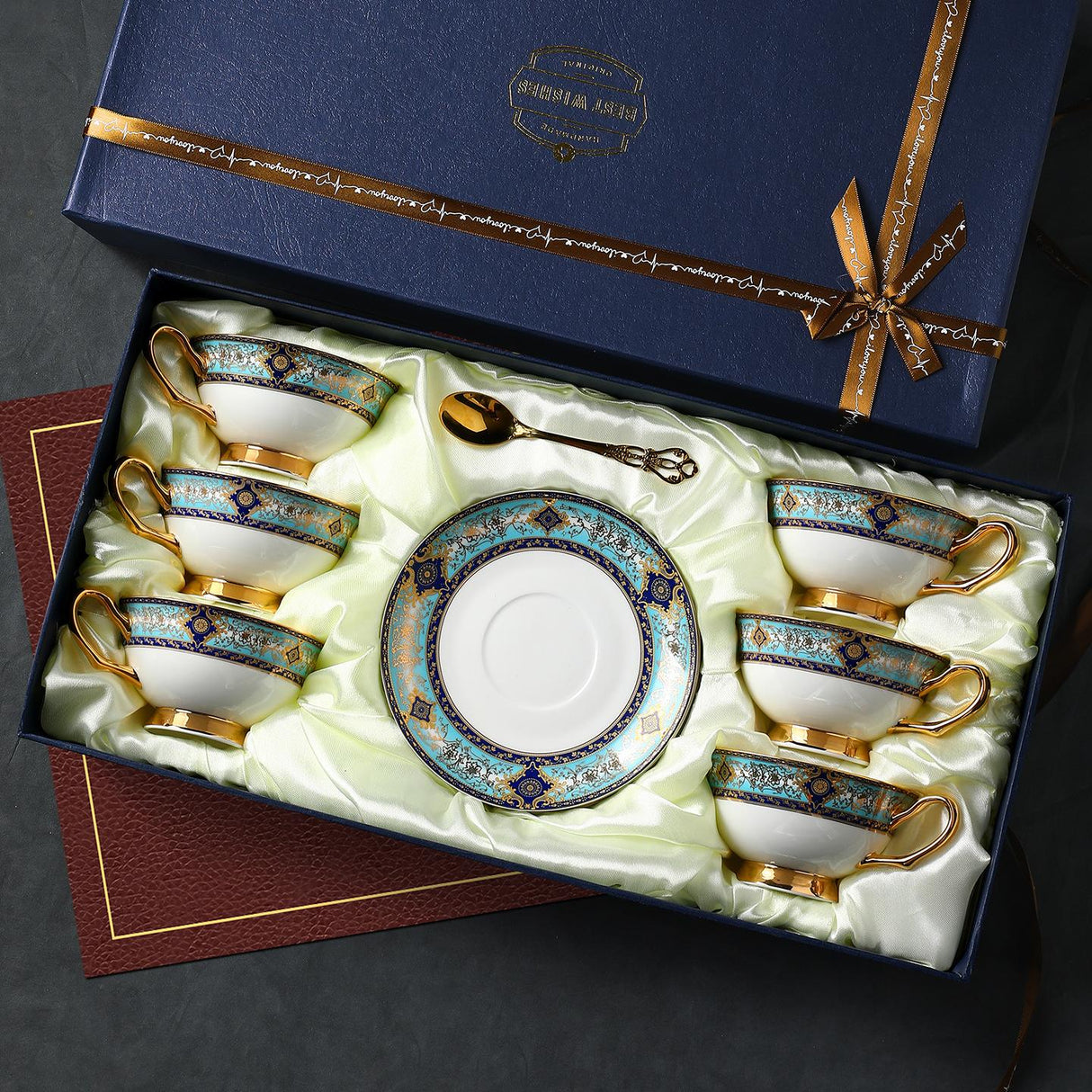 CUPURA Ollo - CCS28 Luxury Bone China Tea Cup Set with Saucer Spoon and Strainer Floral Design Light Luxury European Style Gift Box Set Bohemian Powder Blue Classical Blue Rose Angel