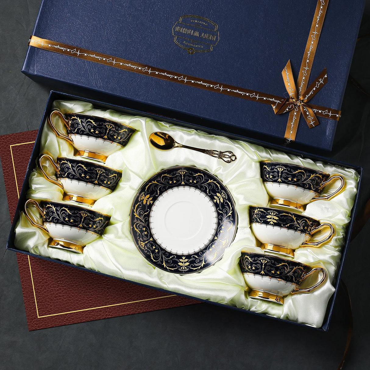 CUPURA Ollo - CCS28 Luxury Bone China Tea Cup Set with Saucer Spoon and Strainer Floral Design Light Luxury European Style Gift Box Set Bohemian Powder Blue Classical Blue Rose Angel