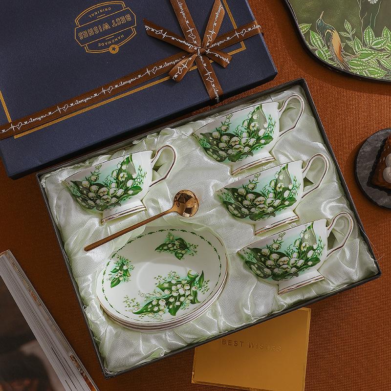 CUPURA Zaro - CCS27 Luxury Bone China Tea Cup Set with Saucer Spoon and Strainer Floral Design Light Luxury European Style Gift Box Set Bohemian Powder Blue Classical Blue Rose Angel