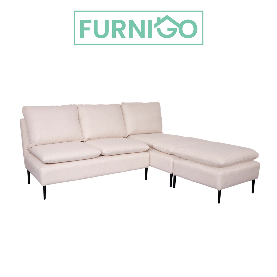 AMBERTON Armless 2-1 L-Shape Fabric Sofa with Ottoman Furnigo
