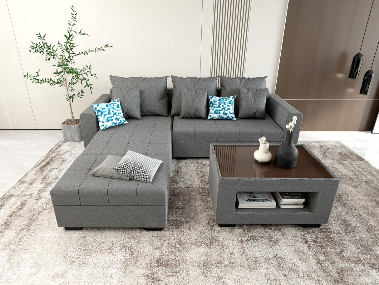Angelo L-shape Fabric Sofa Set with Ottoman and Glass Top Table Luxe-Life PH