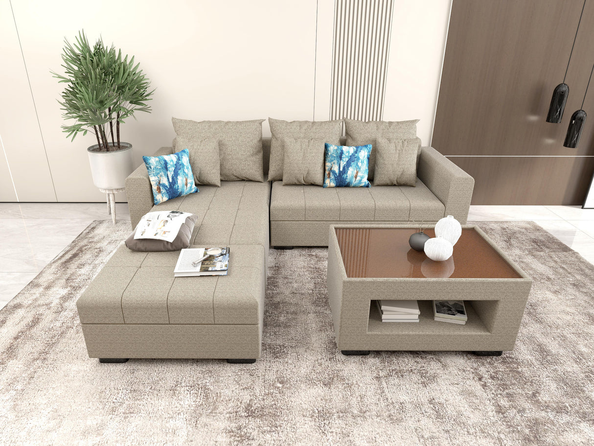 Angelo L-shape Fabric Sofa Set with Ottoman and Glass Top Table Luxe-Life PH