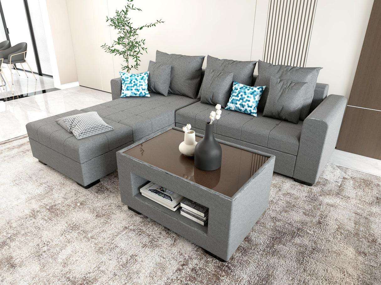 Angelo L-shape Fabric Sofa Set with Ottoman and Glass Top Table Luxe-Life PH