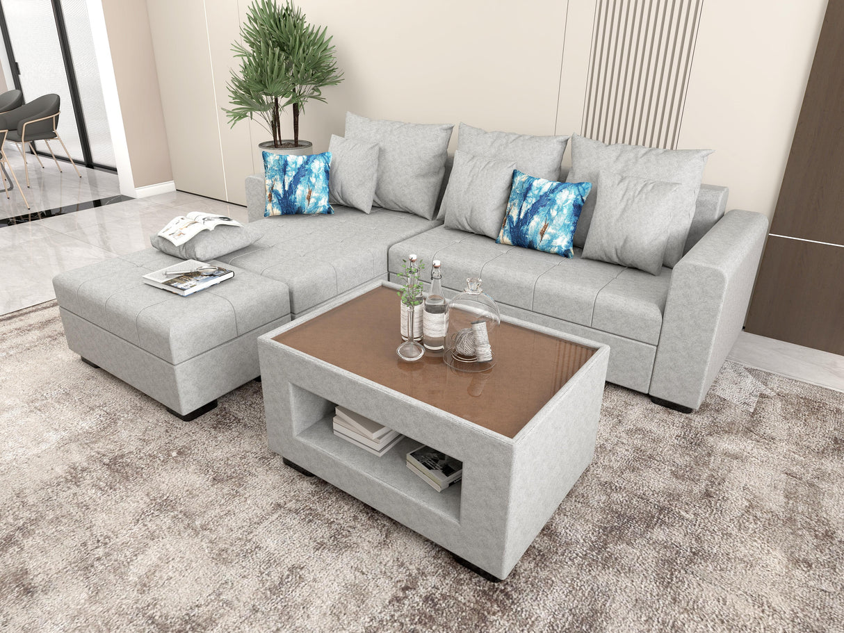 Angelo L-shape Fabric Sofa Set with Ottoman and Glass Top Table Luxe-Life PH