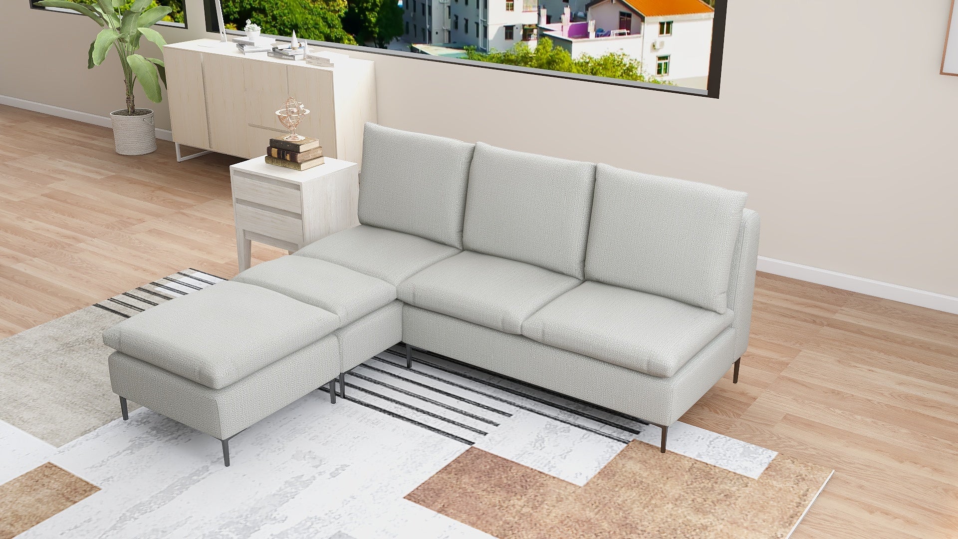 AMBERTON Armless 2-1 L-Shape Fabric Sofa with Ottoman AF Home