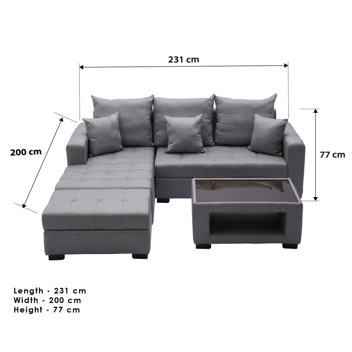 Angelo L-shape Fabric Sofa Set with Ottoman and Glass Top Table Luxe-Life PH