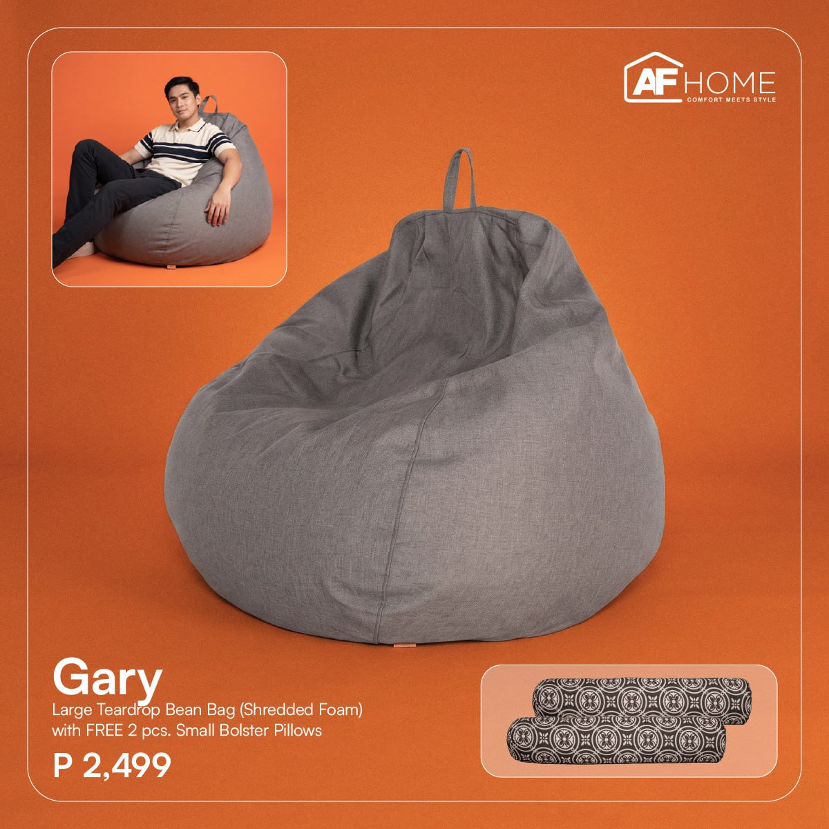 Gary Large Teardrop Bean Bag - Free 2pcs Small Bolster Pillows (PAYDAY SALE) AF Home