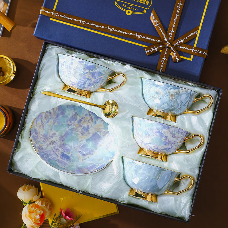 CUPURA Vero - CCS03 Luxury Bone China Tea Cup Set with Saucer Spoon and Strainer Floral Design Light Luxury European Style Gift Box Set Bohemian Powder Blue Classical Blue Rose Angel CUPURA