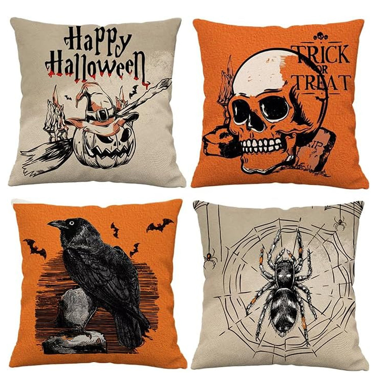 Looma Spooka - Halloween Skull, Pumpkin & Cat Pillow Cover | Spooky Decorative Cushion - Sofa & Living Room Looma