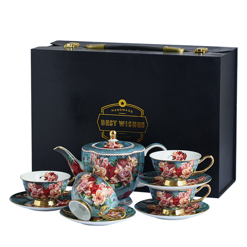 CUPURA Buno - CCS26 Luxury Bone China Tea Cup Set with Saucer Spoon and Strainer Floral Design Light Luxury European Style Gift Box Set Bohemian Powder Blue Classical Blue Rose Angel