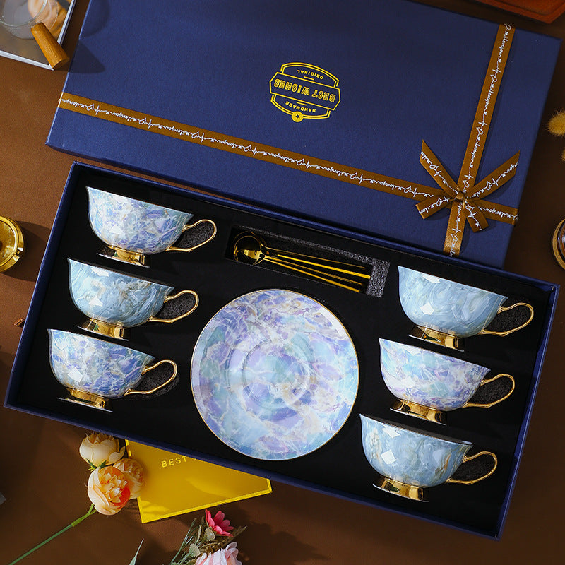 CUPURA Vero - CCS03 Luxury Bone China Tea Cup Set with Saucer Spoon and Strainer Floral Design Light Luxury European Style Gift Box Set Bohemian Powder Blue Classical Blue Rose Angel CUPURA