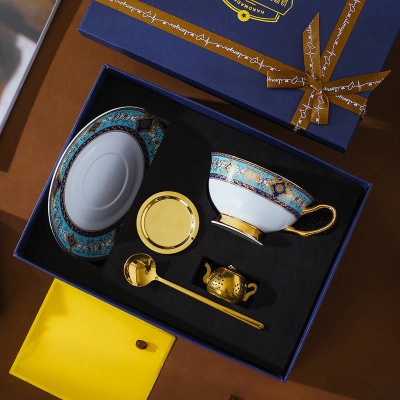 CUPURA Hano - CCS38 Luxury Bone China Tea Cup Set with Saucer Spoon and Strainer Floral Design Light Luxury European Style Gift Box Set Bohemian Powder Blue Classical Blue Rose Angel