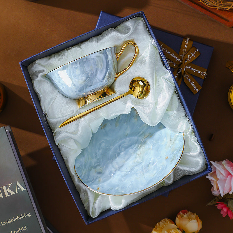 CUPURA Vero - CCS03 Luxury Bone China Tea Cup Set with Saucer Spoon and Strainer Floral Design Light Luxury European Style Gift Box Set Bohemian Powder Blue Classical Blue Rose Angel CUPURA