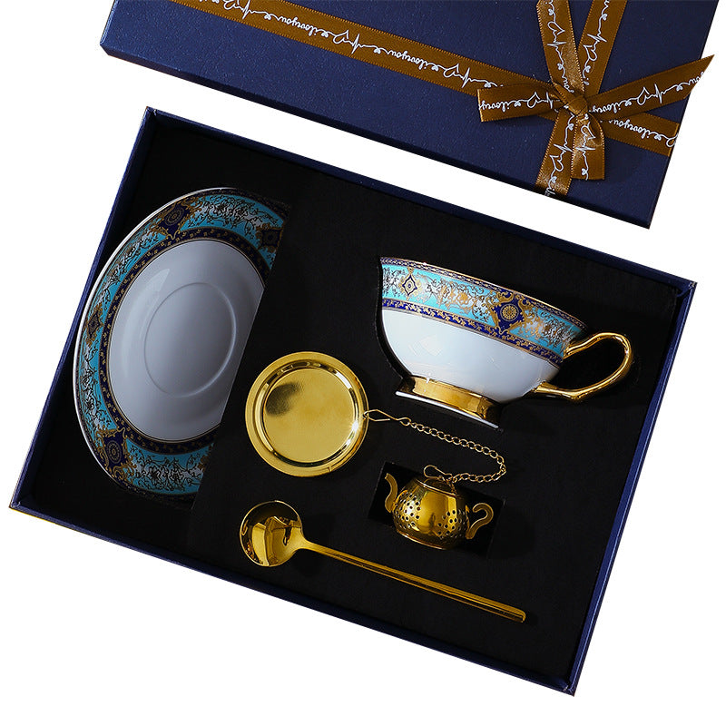 CUPURA Hano - CCS38 Luxury Bone China Tea Cup Set with Saucer Spoon and Strainer Floral Design Light Luxury European Style Gift Box Set Bohemian Powder Blue Classical Blue Rose Angel