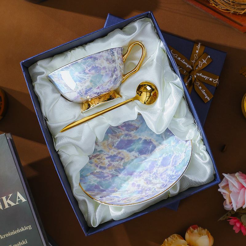 CUPURA Vero - CCS03 Luxury Bone China Tea Cup Set with Saucer Spoon and Strainer Floral Design Light Luxury European Style Gift Box Set Bohemian Powder Blue Classical Blue Rose Angel CUPURA