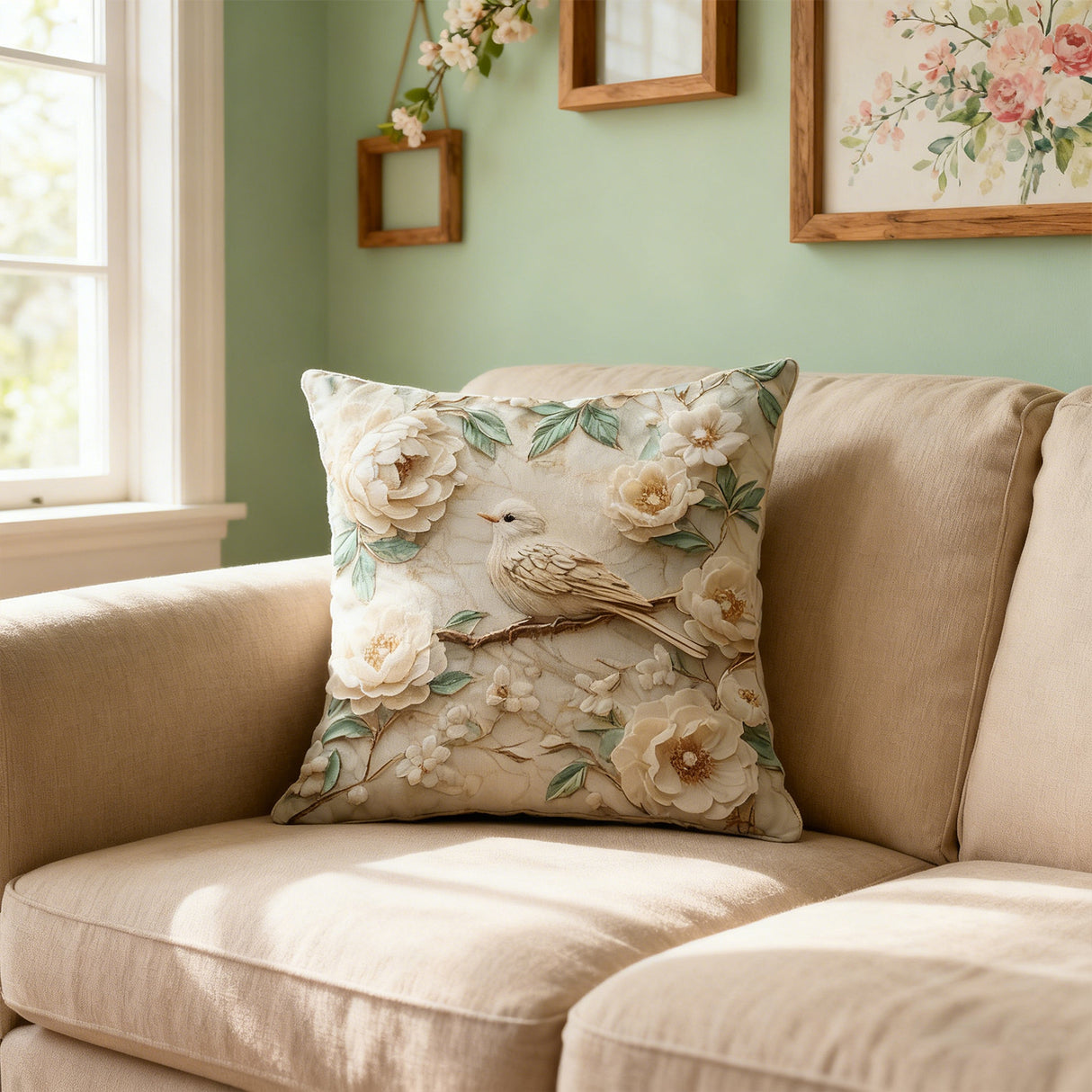 Looma Floral - Bird Linen Pillow Cover | Spring Farmhouse Decorative Cushion - Sofa, Bed & Living Room Looma