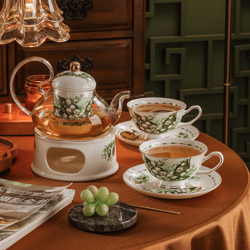 CUPURA Zaro - CCS27 Luxury Bone China Tea Cup Set with Saucer Spoon and Strainer Floral Design Light Luxury European Style Gift Box Set Bohemian Powder Blue Classical Blue Rose Angel