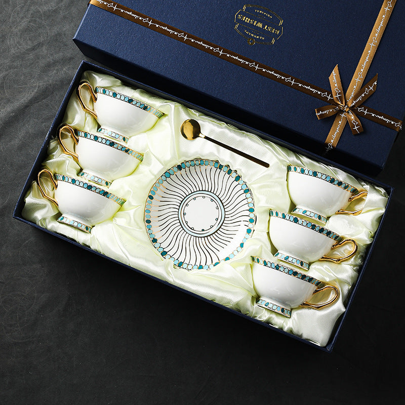 CUPURA Niro - CCS20 Luxury Bone China Tea Cup Set with Saucer Spoon and Strainer Floral Design Light Luxury European Style Gift Box Set Bohemian Powder Blue Classical Blue Rose Angel