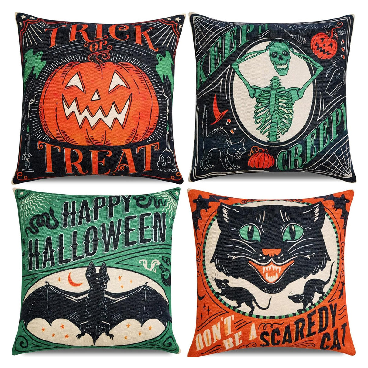 Looma Spooka - Halloween Skull, Pumpkin & Cat Pillow Cover | Spooky Decorative Cushion - Sofa & Living Room Looma